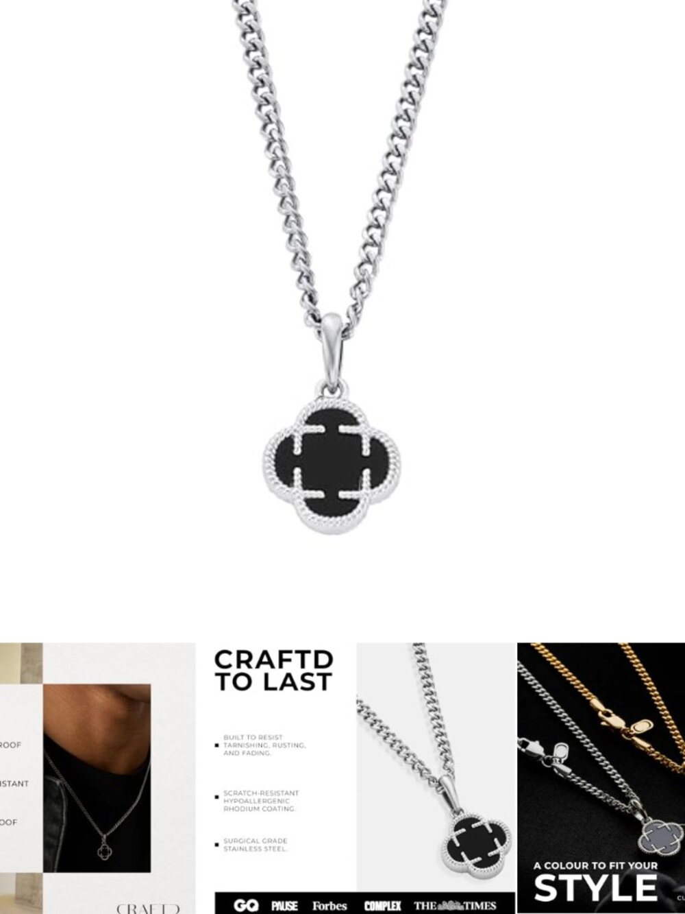 Onyx Clover Pendant Necklace 20.5" Cuban Link Chain